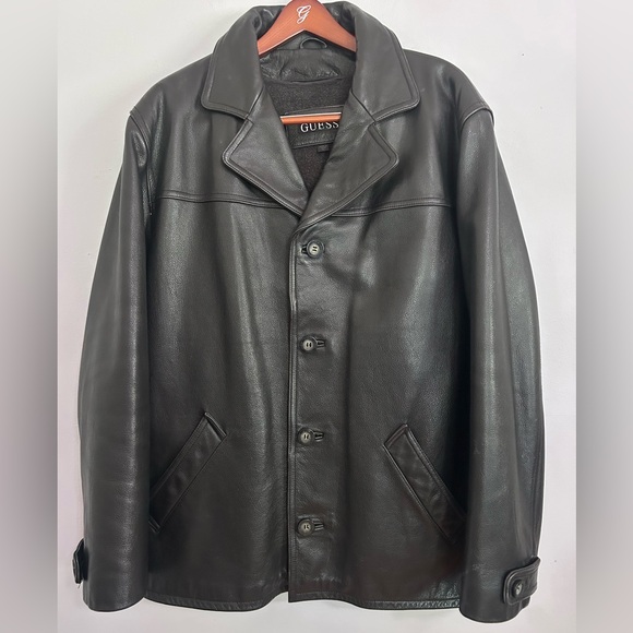 GUESS Men’s Black Genuine Leather Button Up Coat Jacket Size Large Lined Y2K - Picture 1 of 8